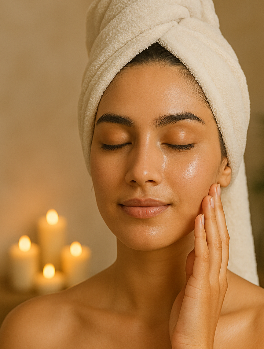 Woman with a towel wrapped around her head, touching her face in a warm, candlelit room.